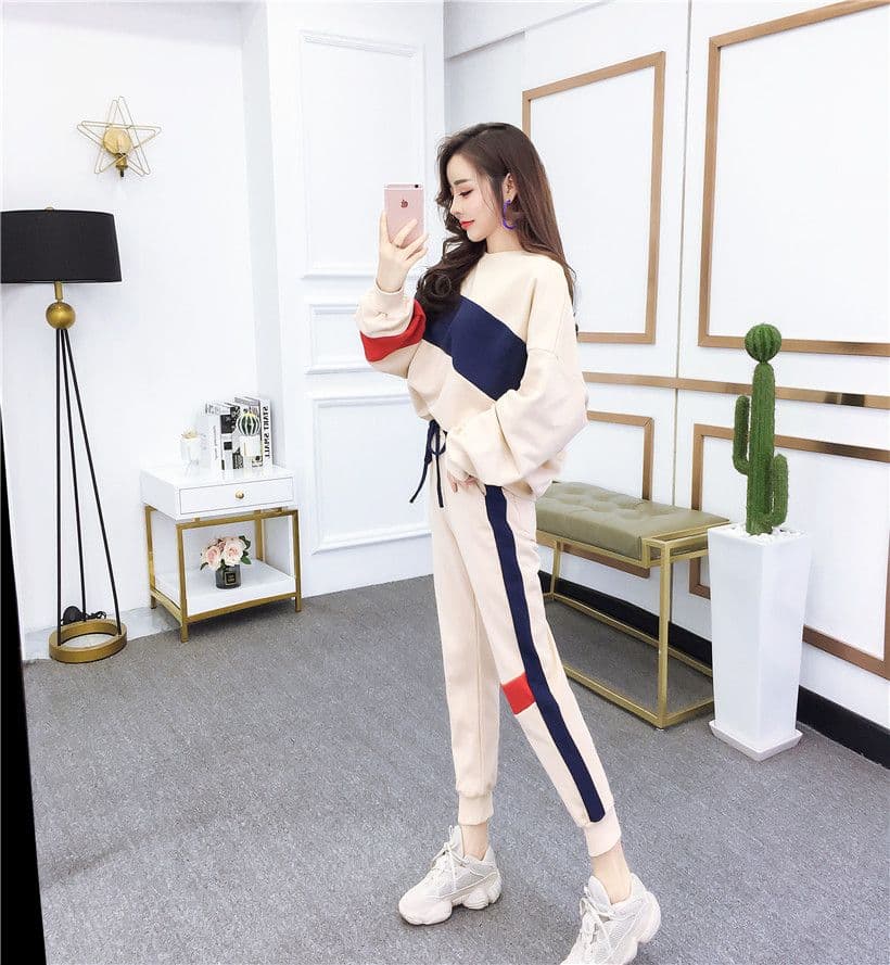 봄 가을 세트 여자 학생 캐주얼 한국 스타일 패션 루즈핏 작은 발 바지 투피스 세트 상세 이미지 17