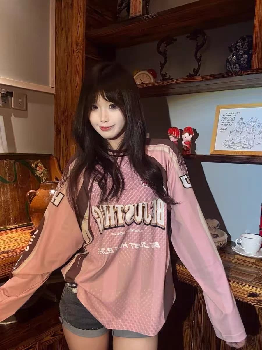 원본 솜씨 원본 원단 아메리칸 높음 거리 레이싱 바람 긴팔 티셔츠 운동 커플 남녀 루즈핏 맨위 가을 상세 이미지 19