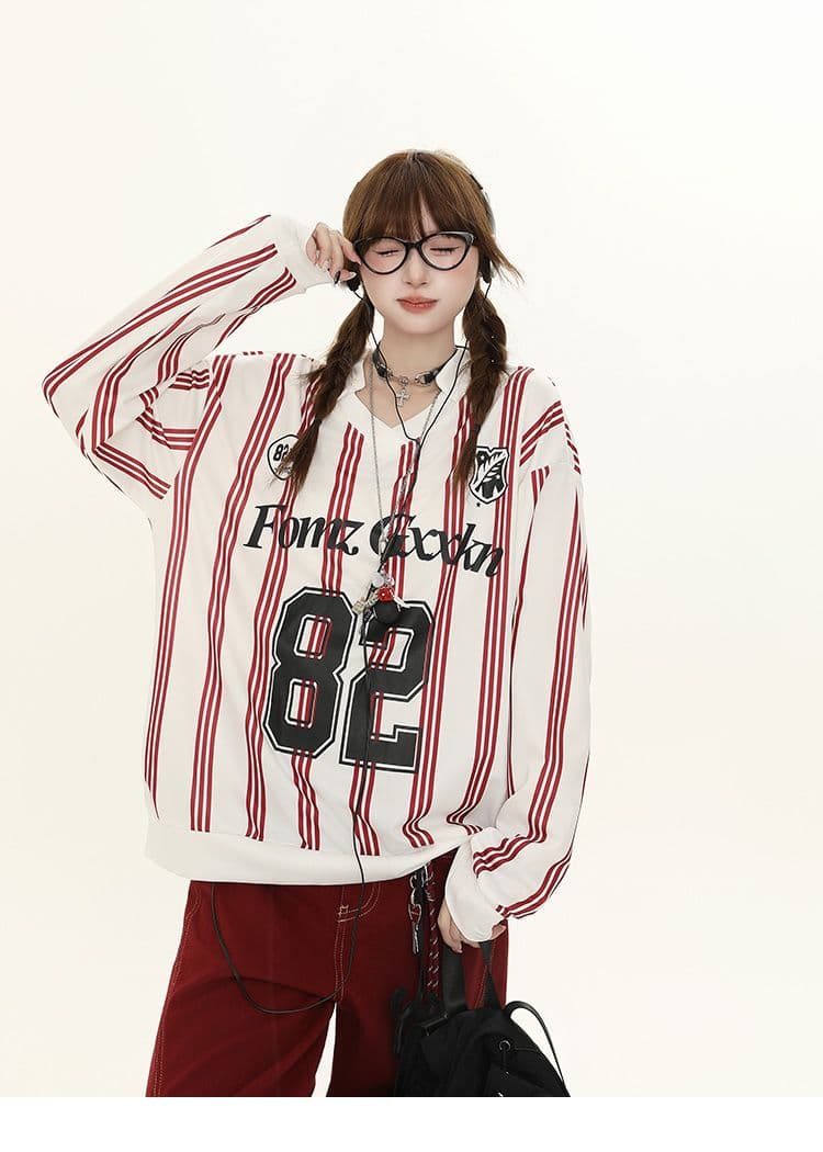 아메리칸 높음 거리 스트라이프 저지 바람 긴팔 티셔츠 기본 셔츠 남녀 커플 가을 상세 이미지 7