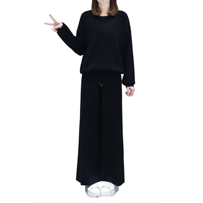 빅 사이즈 여성 의류 외국 가스 세트 여성 봄 드레스 새로운 지방 mm 표지 배 숨기기 고기 슬림해 보이는 와이드 레그 팬츠 캐주얼 투피스 세트 이미지 5