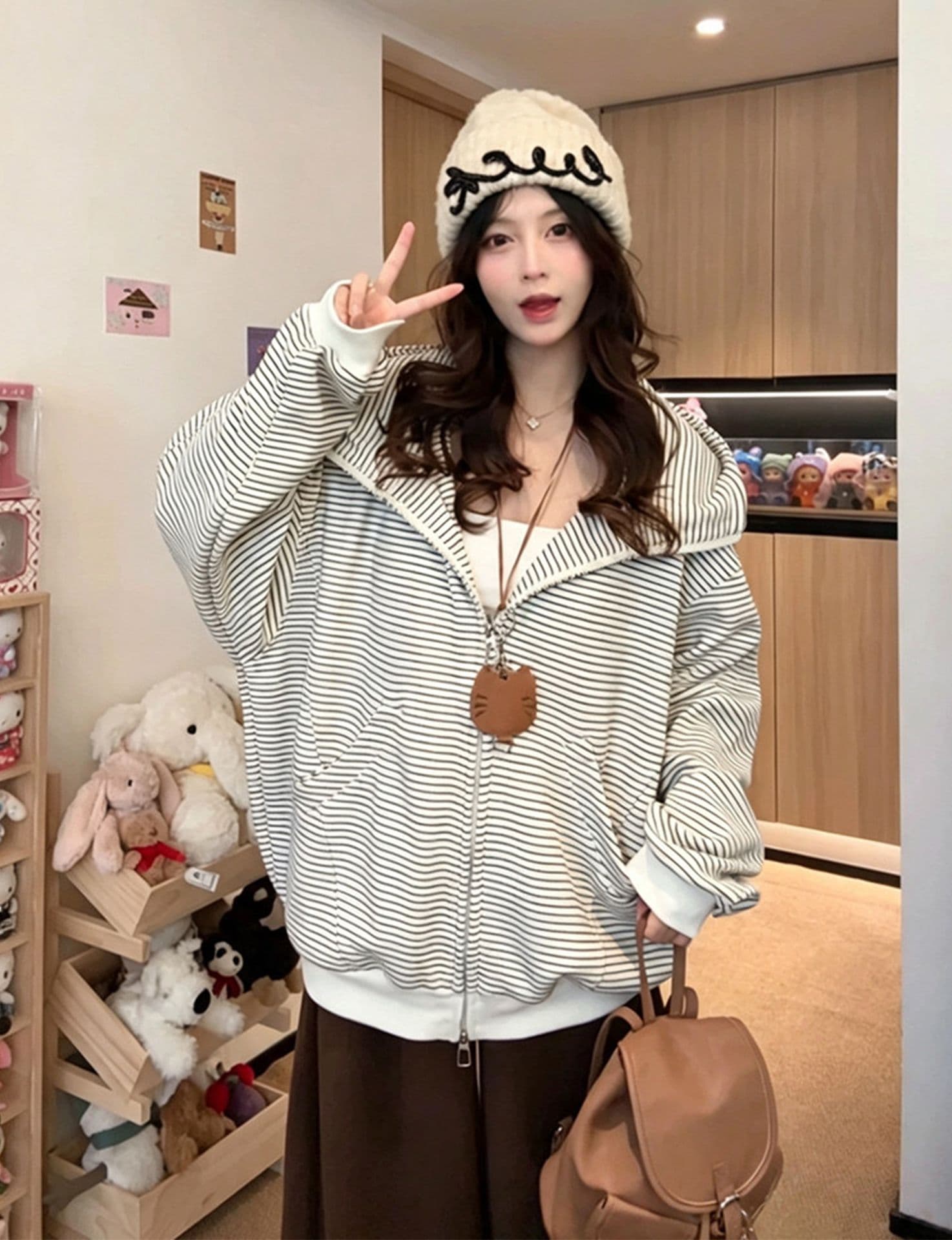 얇은 스타일 백금 지퍼 클립 칼라 것 원단 복합 후드티 여성 상세 이미지 4