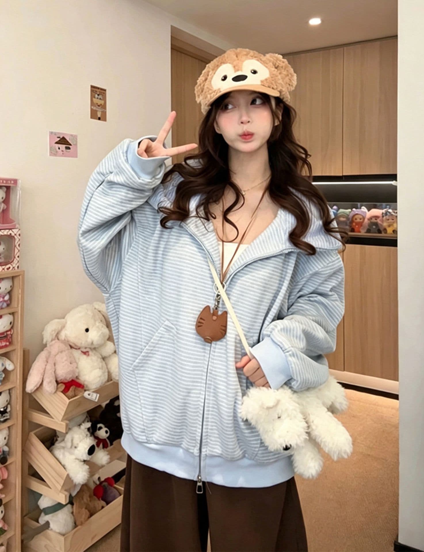 얇은 스타일 백금 지퍼 클립 칼라 것 원단 복합 후드티 여성 상세 이미지 5
