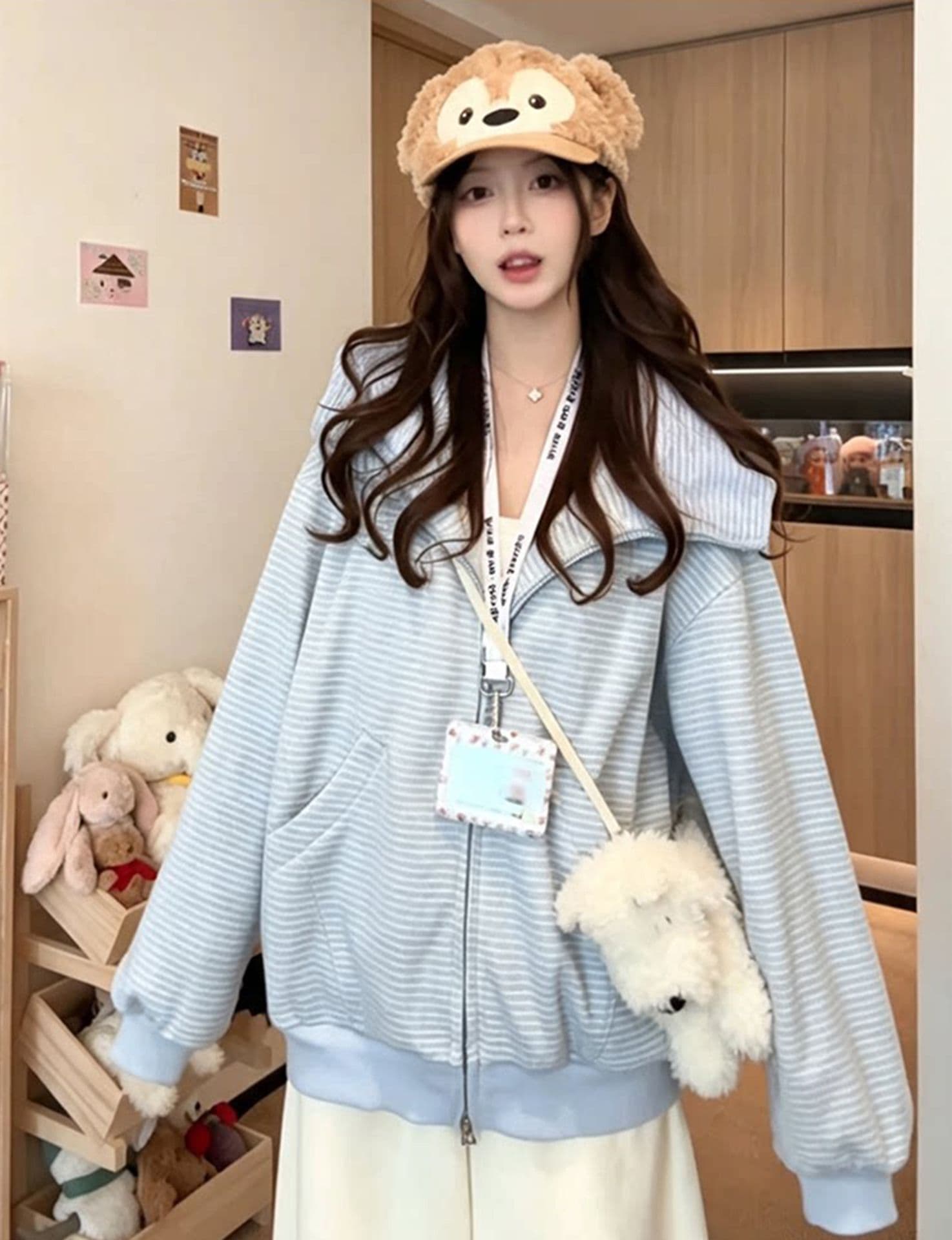 얇은 스타일 백금 지퍼 클립 칼라 것 원단 복합 후드티 여성 상세 이미지 6