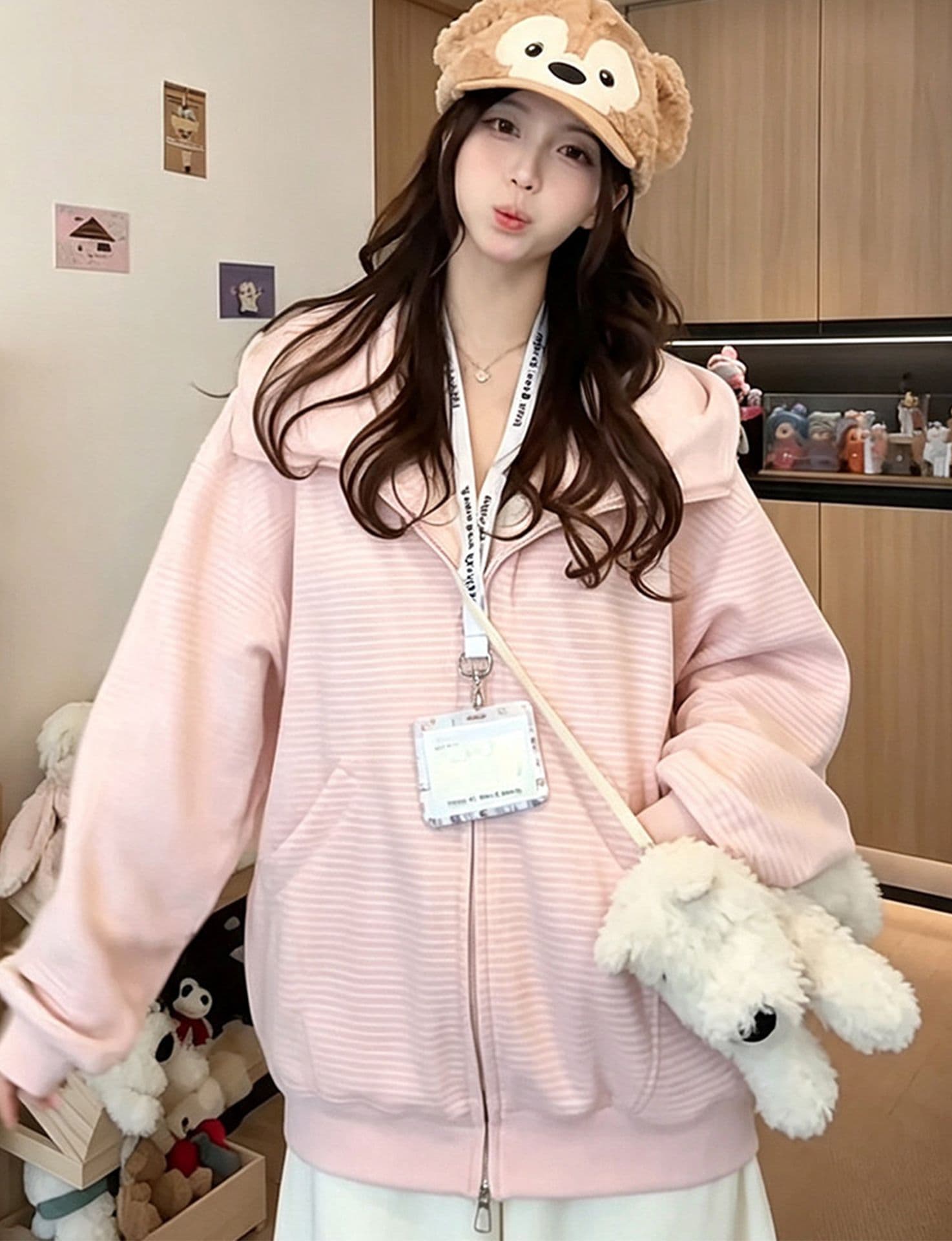 얇은 스타일 백금 지퍼 클립 칼라 것 원단 복합 후드티 여성 상세 이미지 7