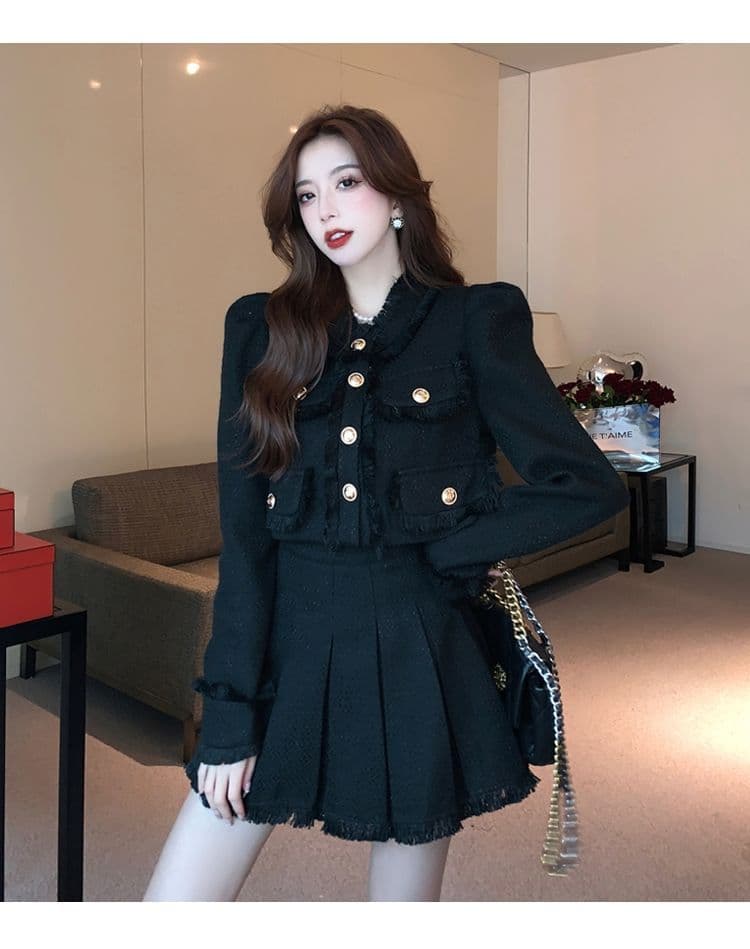 작은 샤넬 스타일 세트 드레스 투피스 세트 가을 겨울 새로운 프랑스식 품격 명문 여성 쇼트 스타일 재킷 반신 스커트 투피스 세트 상세 이미지 1