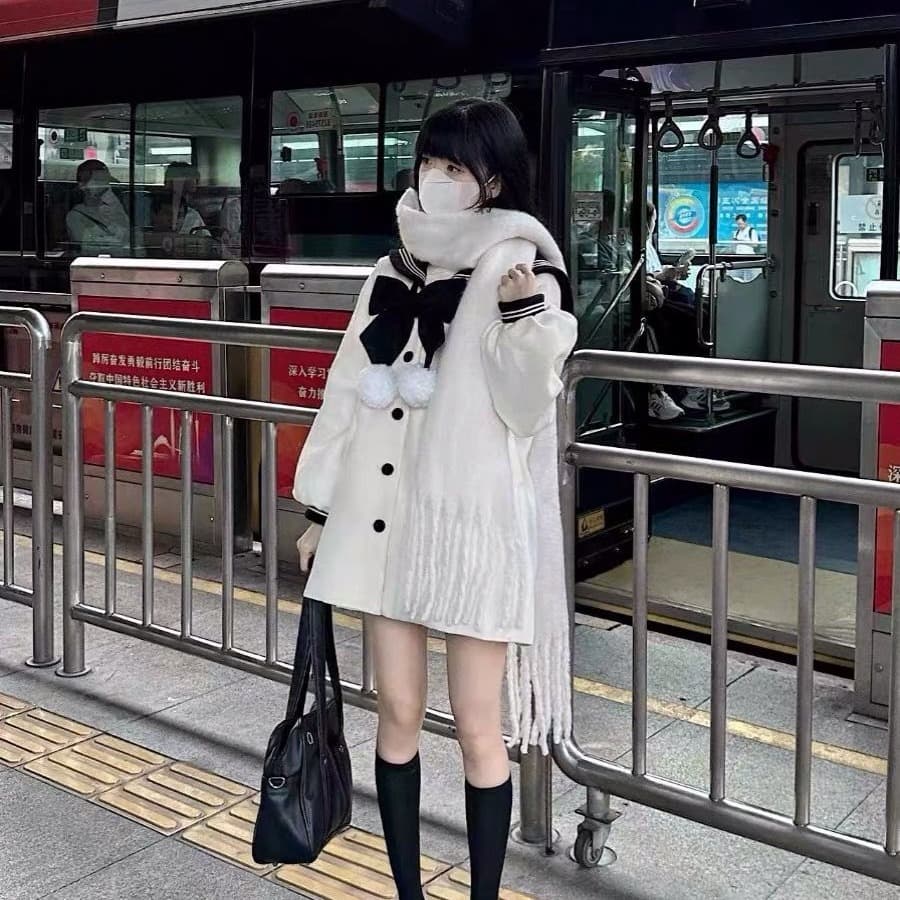 가을 겨울 새로운 귀여운 바람 연령 감소 해군 칼라 모직 코트 다용도 부드러운 찹쌀 센 부서 작은 키 여성 코트 이미지 5