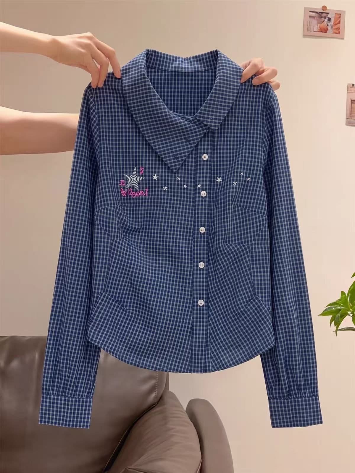 도파민 체크무늬 별 불규칙 폴로 칼라 긴팔 순면 여성 셔츠 가을 꼬집기 허리 슬림해 보이는 셔츠 상세 이미지 2