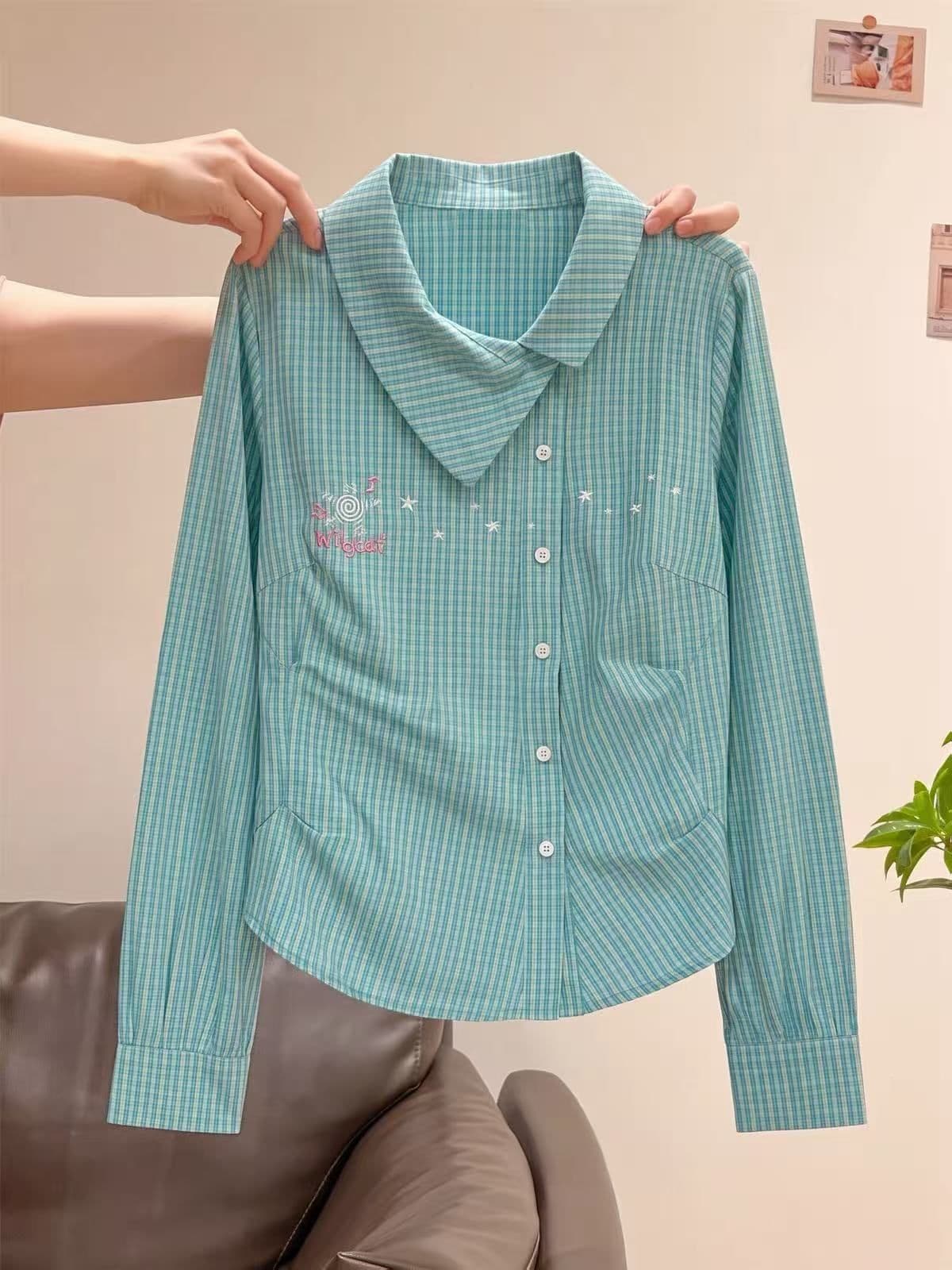 도파민 체크무늬 별 불규칙 폴로 칼라 긴팔 순면 여성 셔츠 가을 꼬집기 허리 슬림해 보이는 셔츠 상세 이미지 4
