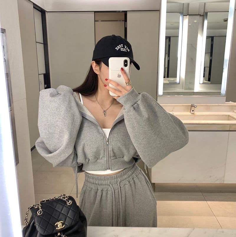 한국 chic 가을 작은 대중 품격 후드 긴팔 쇼트 스타일 후드티 하이웨이스트 레이스업 다용도 넓은 다리 캐주얼 바지 상세 이미지 30