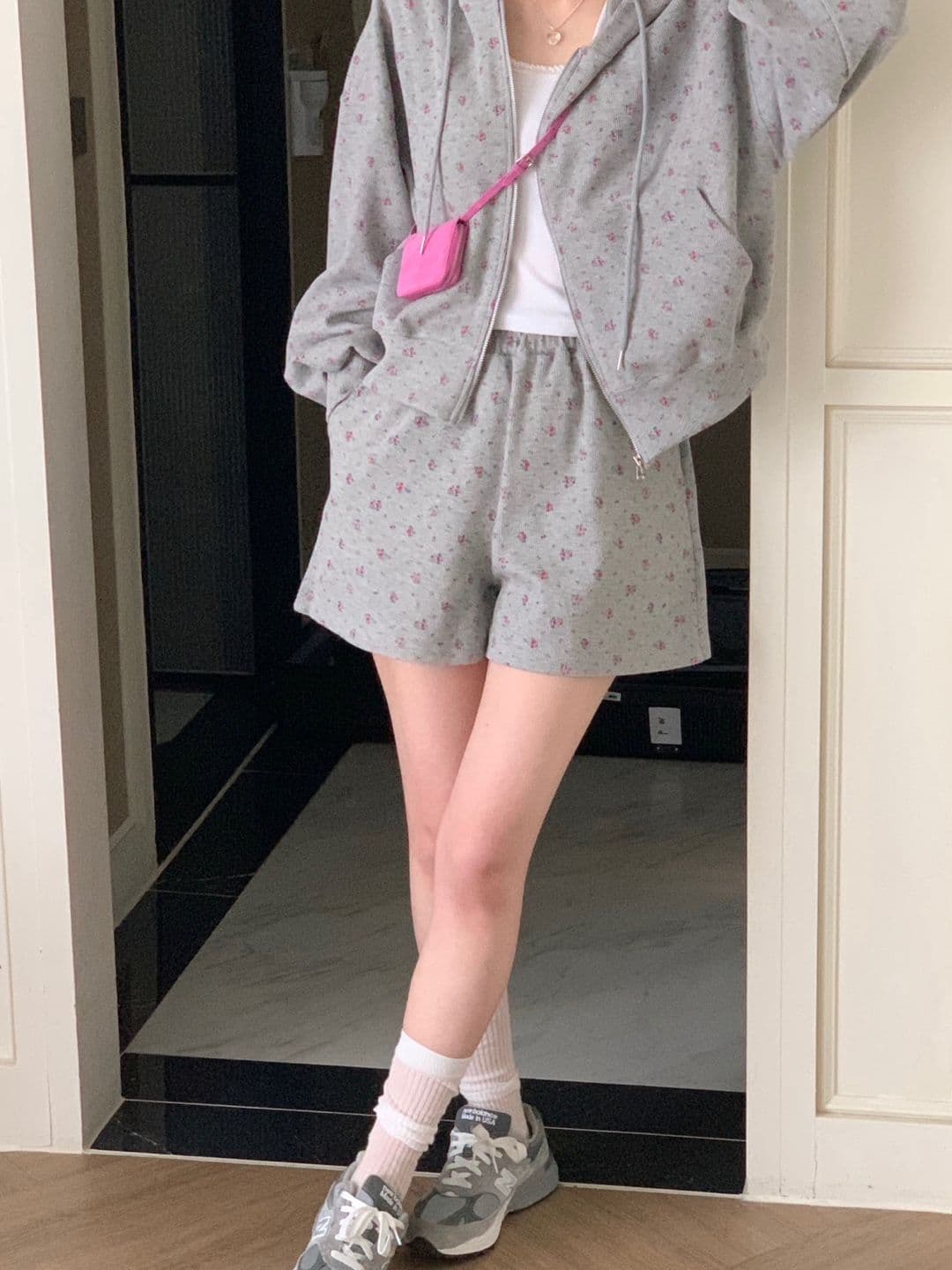한국 chic 레트로 연령 감소 꽃무늬 후드 긴팔 후드티 재킷 하이웨이스트 넓은 다리가 짧다. 바지 투피스 세트 상세 이미지 11