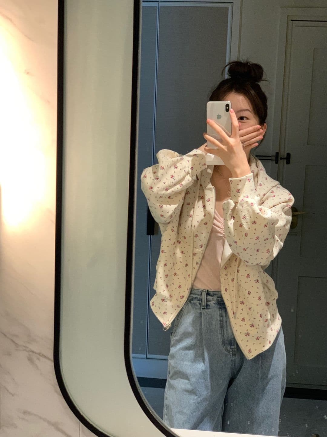 한국 chic 레트로 연령 감소 꽃무늬 후드 긴팔 후드티 재킷 하이웨이스트 넓은 다리가 짧다. 바지 투피스 세트 상세 이미지 18