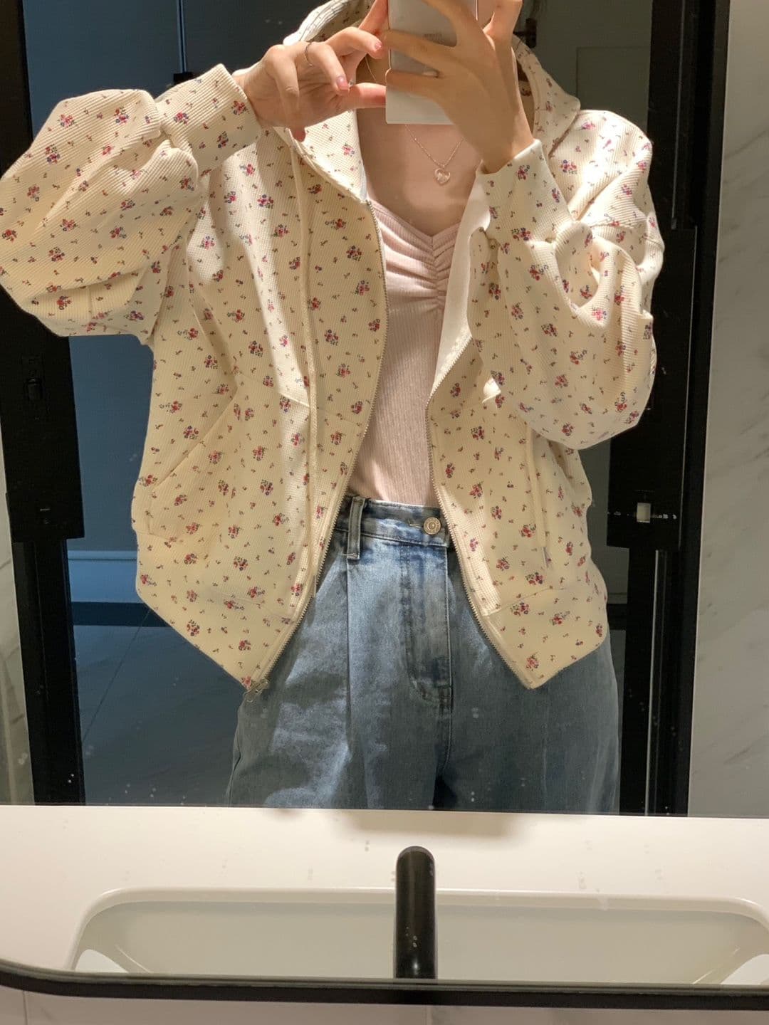 한국 chic 레트로 연령 감소 꽃무늬 후드 긴팔 후드티 재킷 하이웨이스트 넓은 다리가 짧다. 바지 투피스 세트 상세 이미지 20
