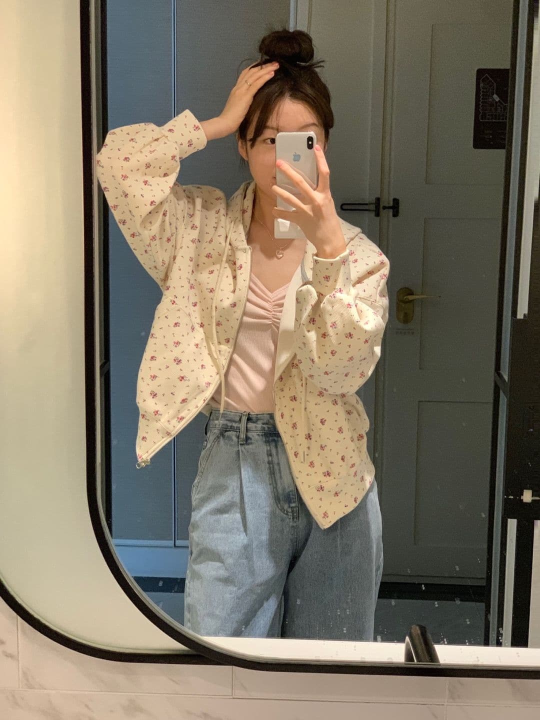 한국 chic 레트로 연령 감소 꽃무늬 후드 긴팔 후드티 재킷 하이웨이스트 넓은 다리가 짧다. 바지 투피스 세트 상세 이미지 21