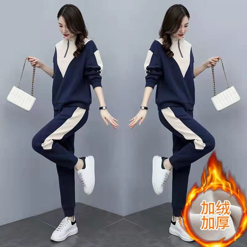 두꺼운 털이 있는 스포츠 슈트 여성 가을 겨울 새로운 긴팔 후드티 캐주얼 투피스 세트 이미지 3