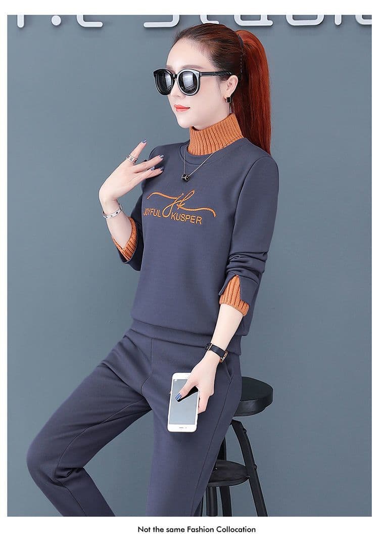 털이 있고 두꺼운 스포츠 슈트 여성 가을 겨울철 새로운 터틀넥 니트 후드티 투피스 세트 상세 이미지 14