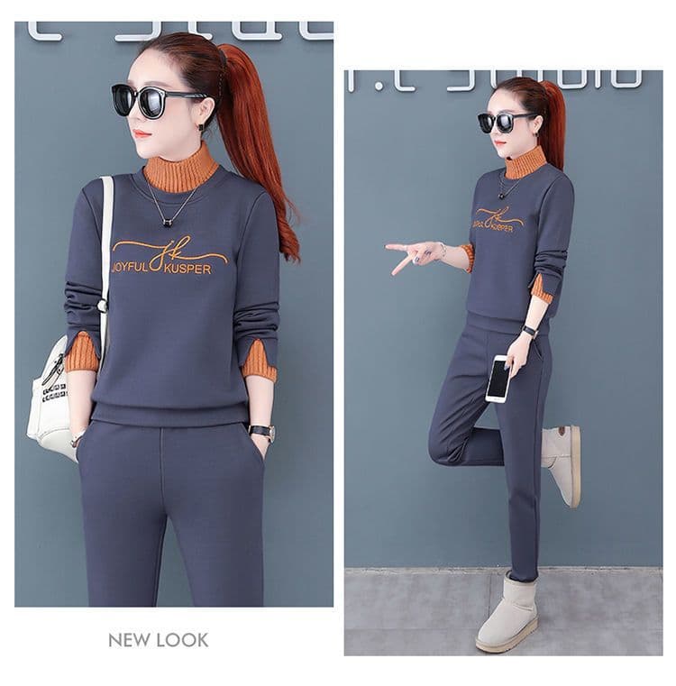 털이 있고 두꺼운 스포츠 슈트 여성 가을 겨울철 새로운 터틀넥 니트 후드티 투피스 세트 상세 이미지 17
