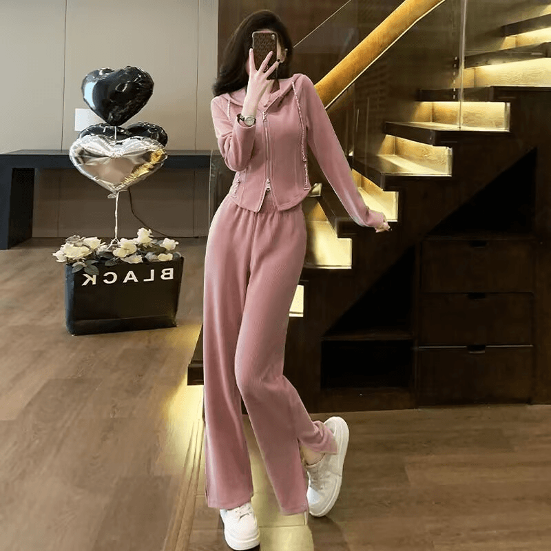 캐주얼 세트 여성 이른 가을 2026 새로운 핑크색 소금 부서 연령 감소 품격 후드티 웨이 바지 투피스 세트 이미지 3