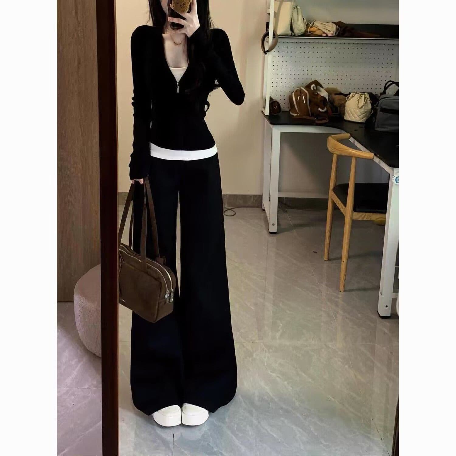 남자 바 면 280 그램 스포츠 슈트 여성 봄 가을 페이크 레이어드 긴팔 몸매 가꾸기 패션 캐주얼 투피스 세트 이미지 2