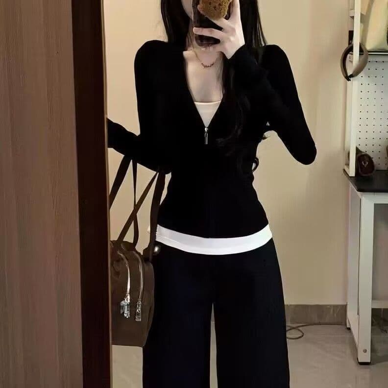 남자 바 면 280 그램 스포츠 슈트 여성 봄 가을 페이크 레이어드 긴팔 몸매 가꾸기 패션 캐주얼 투피스 세트 상세 이미지 7