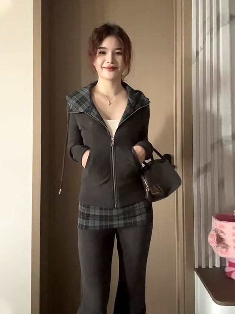 가을 새로운 아메리칸 체크무늬 후드 오픈 가디건 후드티 긴팔 캐주얼 긴 바지 투피스 세트 이미지 2
