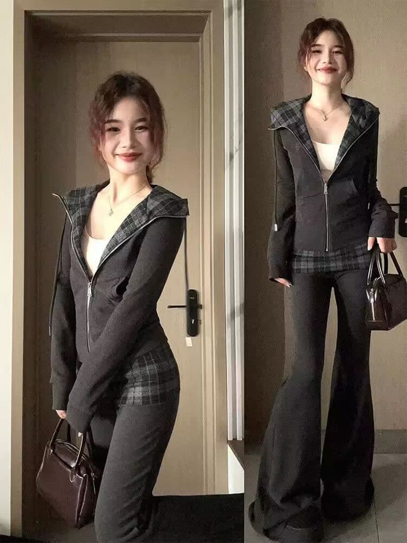 가을 새로운 아메리칸 체크무늬 후드 오픈 가디건 후드티 긴팔 캐주얼 긴 바지 투피스 세트