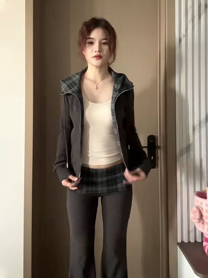 가을 새로운 아메리칸 체크무늬 후드 오픈 가디건 후드티 긴팔 캐주얼 긴 바지 투피스 세트 이미지 4