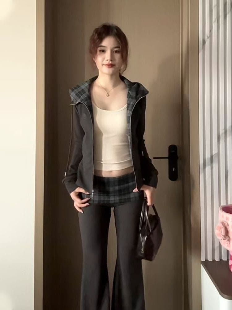 가을 새로운 아메리칸 체크무늬 후드 오픈 가디건 후드티 긴팔 캐주얼 긴 바지 투피스 세트 상세 이미지 5