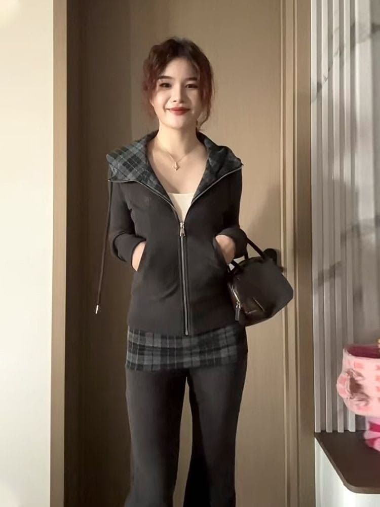 가을 새로운 아메리칸 체크무늬 후드 오픈 가디건 후드티 긴팔 캐주얼 긴 바지 투피스 세트 상세 이미지 7