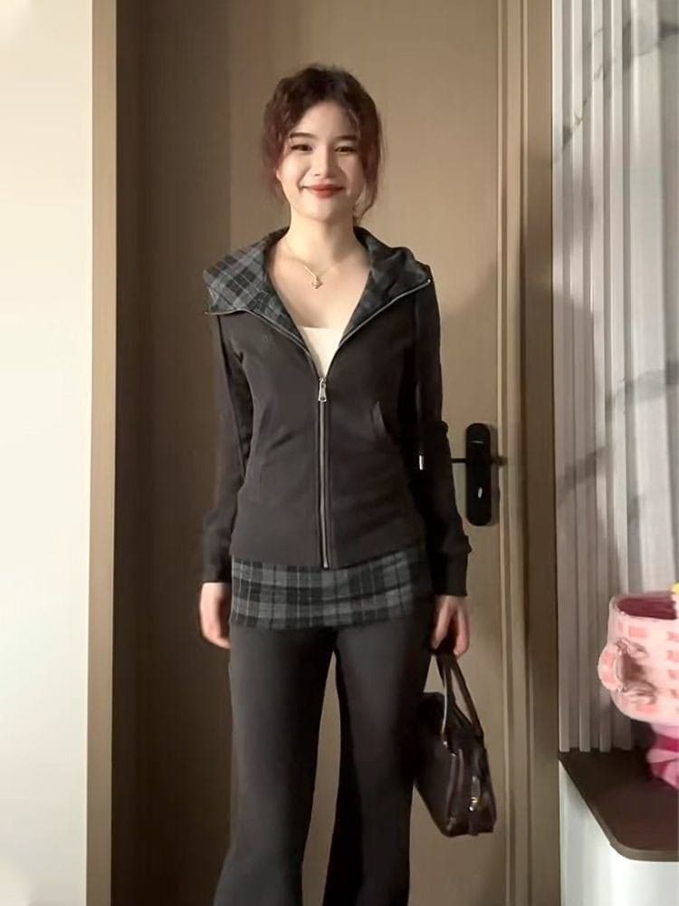 가을 새로운 아메리칸 체크무늬 후드 오픈 가디건 후드티 긴팔 캐주얼 긴 바지 투피스 세트 상세 이미지 8