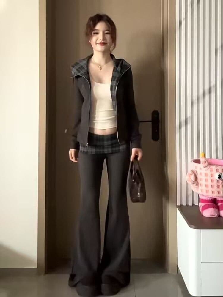 가을 새로운 아메리칸 체크무늬 후드 오픈 가디건 후드티 긴팔 캐주얼 긴 바지 투피스 세트 상세 이미지 11