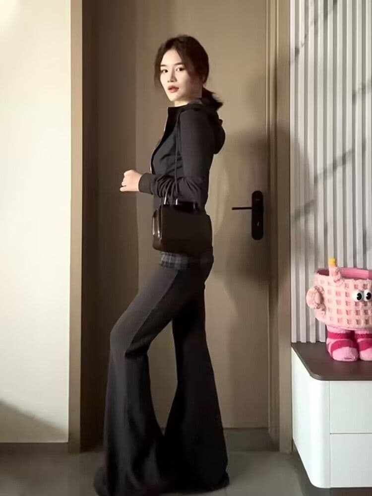 가을 새로운 아메리칸 체크무늬 후드 오픈 가디건 후드티 긴팔 캐주얼 긴 바지 투피스 세트 상세 이미지 12
