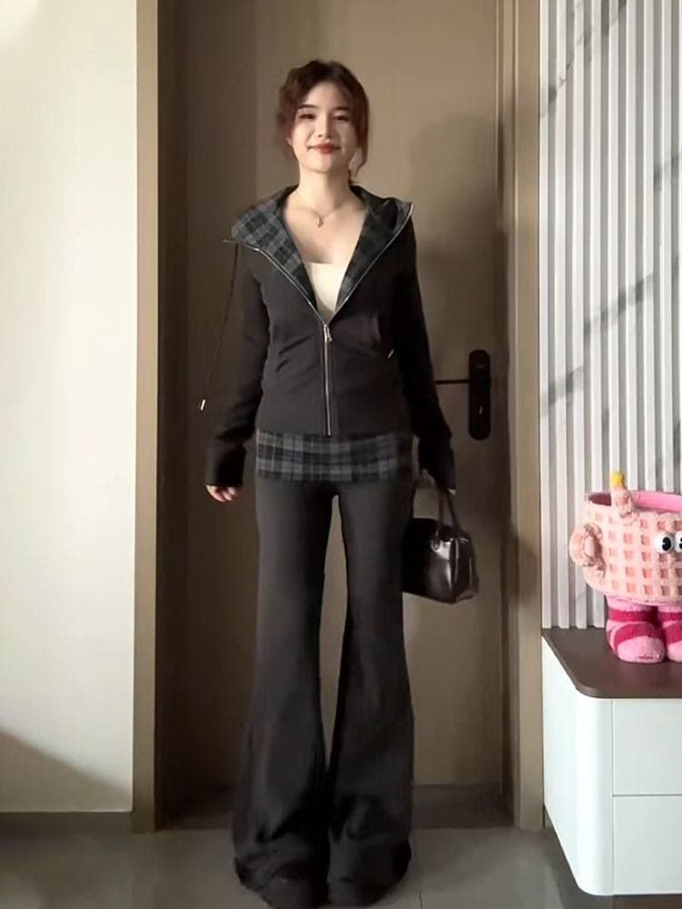 가을 새로운 아메리칸 체크무늬 후드 오픈 가디건 후드티 긴팔 캐주얼 긴 바지 투피스 세트 상세 이미지 13