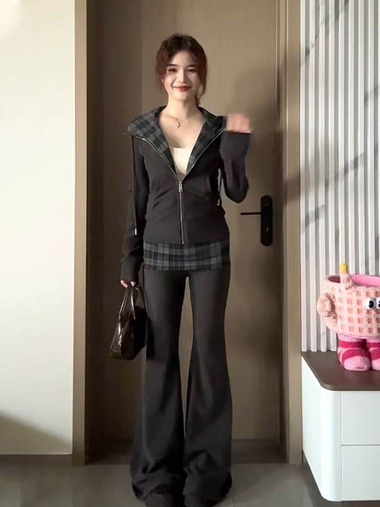 가을 새로운 아메리칸 체크무늬 후드 오픈 가디건 후드티 긴팔 캐주얼 긴 바지 투피스 세트 상세 이미지 14