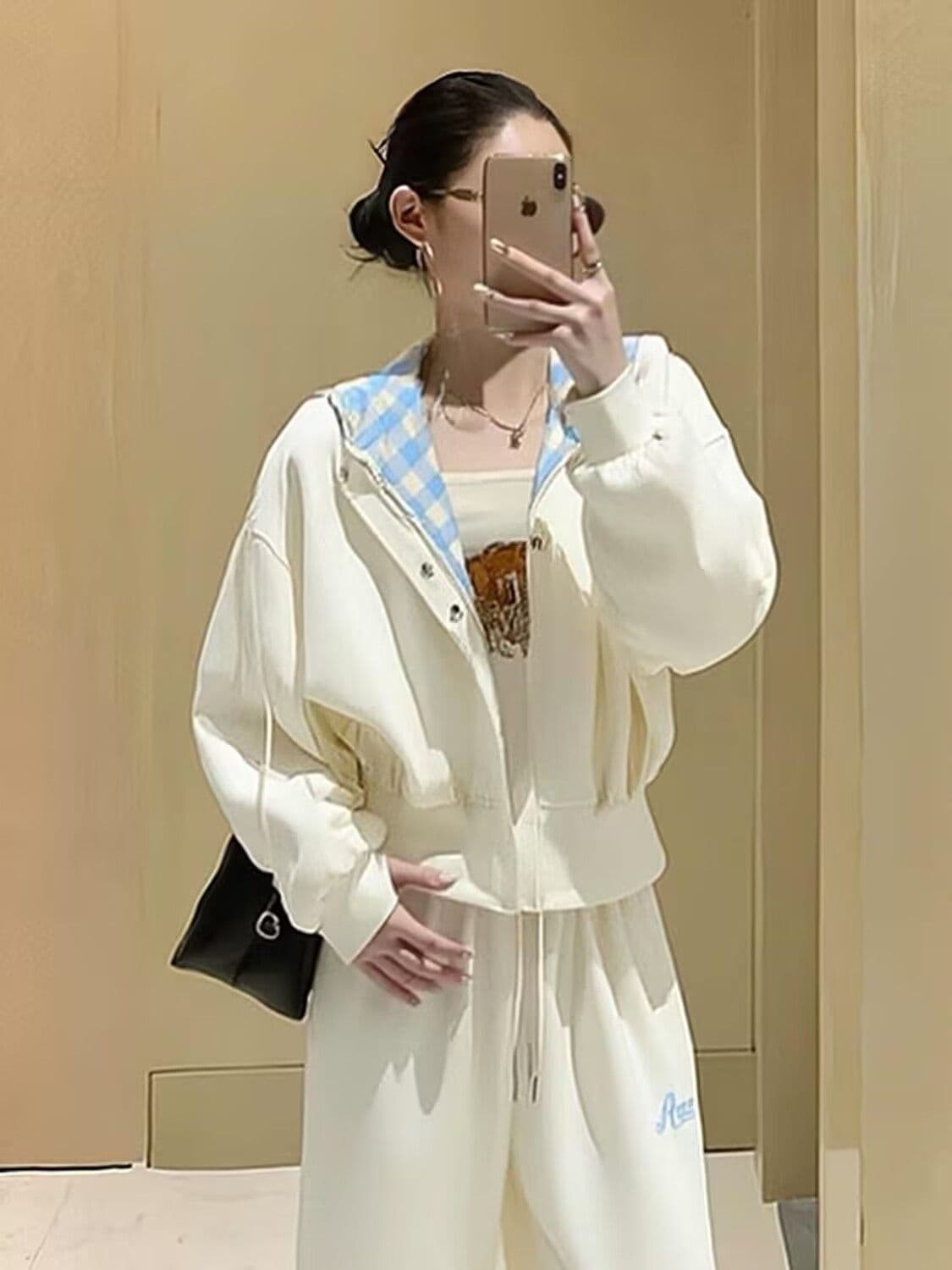 모방 면 사선 무늬 당겨 프레임 250그램 봄 가을 후드 티 스웨터 긴 바지 캐주얼 스포츠 슈트 여성 루즈핏 투피스 세트 이미지 3