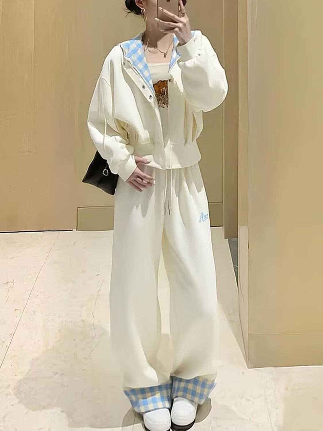 모방 면 사선 무늬 당겨 프레임 250그램 봄 가을 후드 티 스웨터 긴 바지 캐주얼 스포츠 슈트 여성 루즈핏 투피스 세트 상세 이미지 7