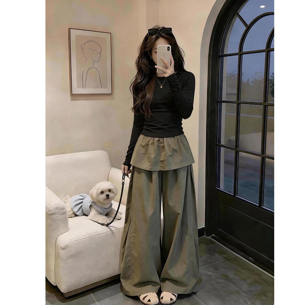 한 부서 그레이트 통해보기 가져 가라. 전체 집합 2026 새로운 품격 긴팔 티셔츠 여성 가을 와이드 레그 팬츠 세트 상세 이미지 2