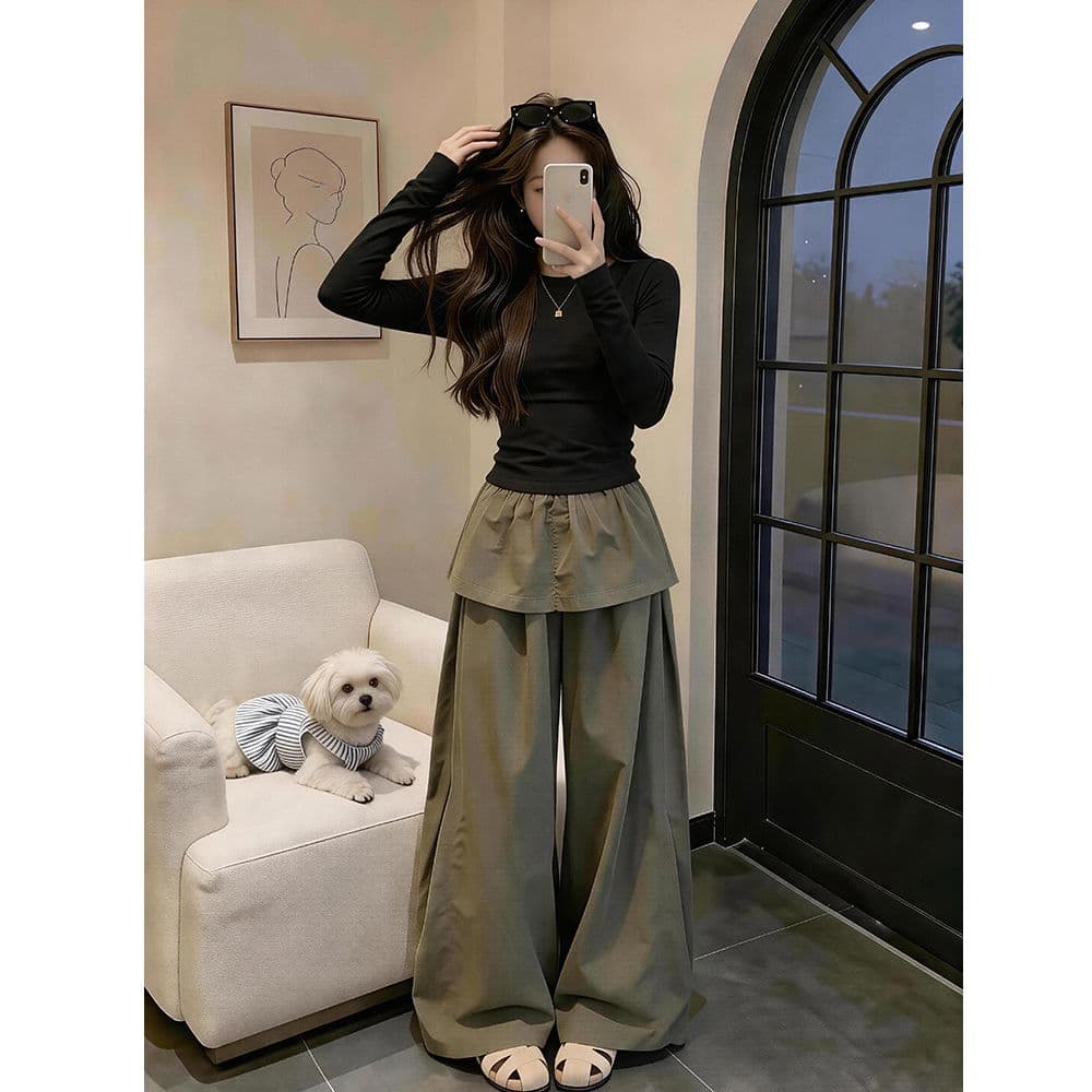 한 부서 그레이트 통해보기 가져 가라. 전체 집합 2026 새로운 품격 긴팔 티셔츠 여성 가을 와이드 레그 팬츠 세트 상세 이미지 3