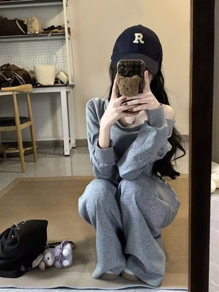 모방 면 사선 무늬 당겨 프레임 250그램 고급 센스 캐주얼 세트 여성 가을 긴팔 루즈핏 와이드 레그 팬츠 투피스 세트 상세 이미지 10