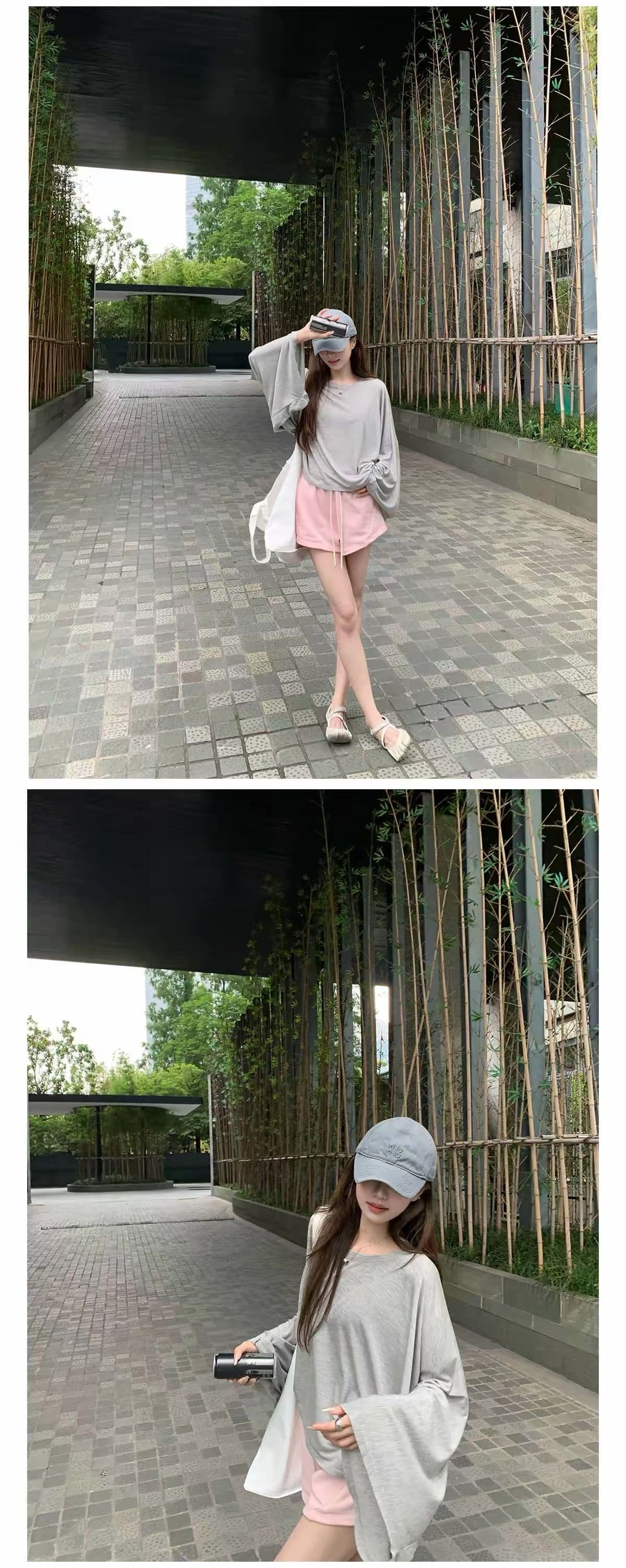 200그램 주간 실크 더블 실 라이 경기 서울 박쥐 비료 소매 느슨함 느긋한 루즈핏 그레이트 긴팔 티셔츠 여성 상세 이미지 8