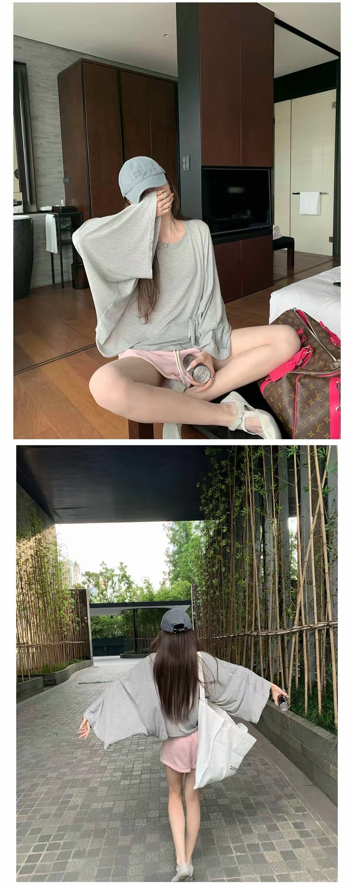 200그램 주간 실크 더블 실 라이 경기 서울 박쥐 비료 소매 느슨함 느긋한 루즈핏 그레이트 긴팔 티셔츠 여성 상세 이미지 9