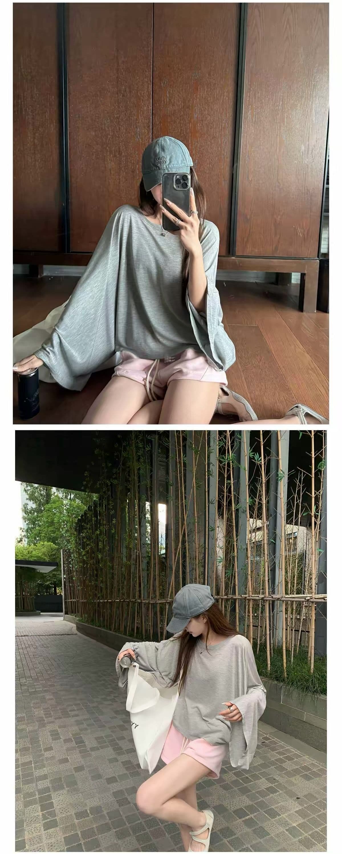 200그램 주간 실크 더블 실 라이 경기 서울 박쥐 비료 소매 느슨함 느긋한 루즈핏 그레이트 긴팔 티셔츠 여성 상세 이미지 12