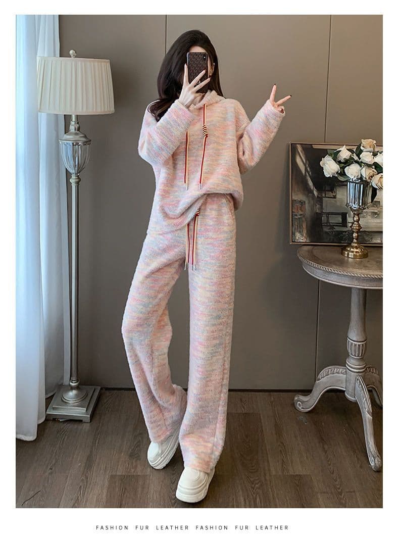 느긋한 바람 캐주얼 스포츠 슈트 여성 가을 루즈핏 후드 티 스웨터 하이웨이스트 와이드 레그 팬츠 투피스 세트 상세 이미지 5