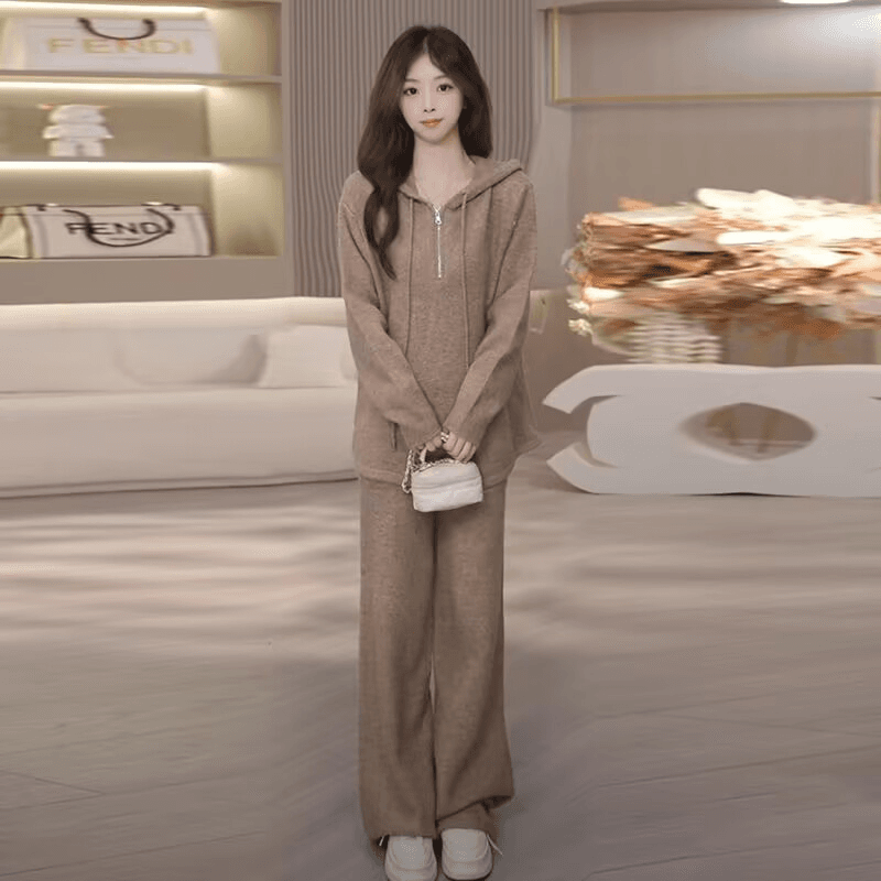 패션 캐주얼 세트 여성 이른 가을 새로운 슬림해 보이는 표지 배 후드 티 스웨터 와이드 레그 팬츠 투피스 세트 트렌디 이미지 2