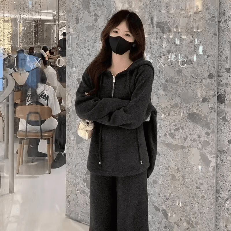 패션 캐주얼 세트 여성 이른 가을 새로운 슬림해 보이는 표지 배 후드 티 스웨터 와이드 레그 팬츠 투피스 세트 트렌디 이미지 4