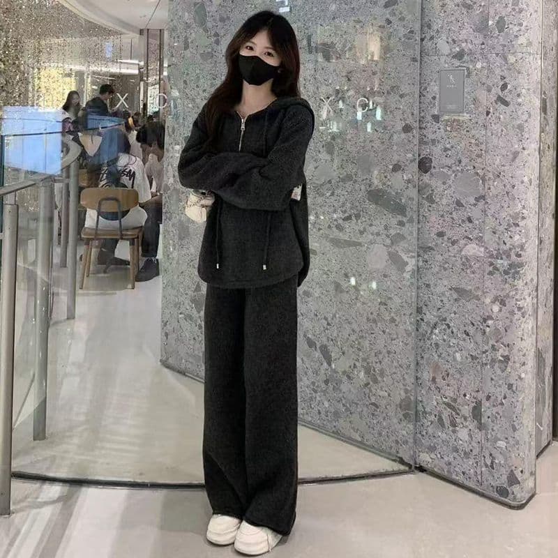 패션 캐주얼 세트 여성 이른 가을 새로운 슬림해 보이는 표지 배 후드 티 스웨터 와이드 레그 팬츠 투피스 세트 트렌디 상세 이미지 3