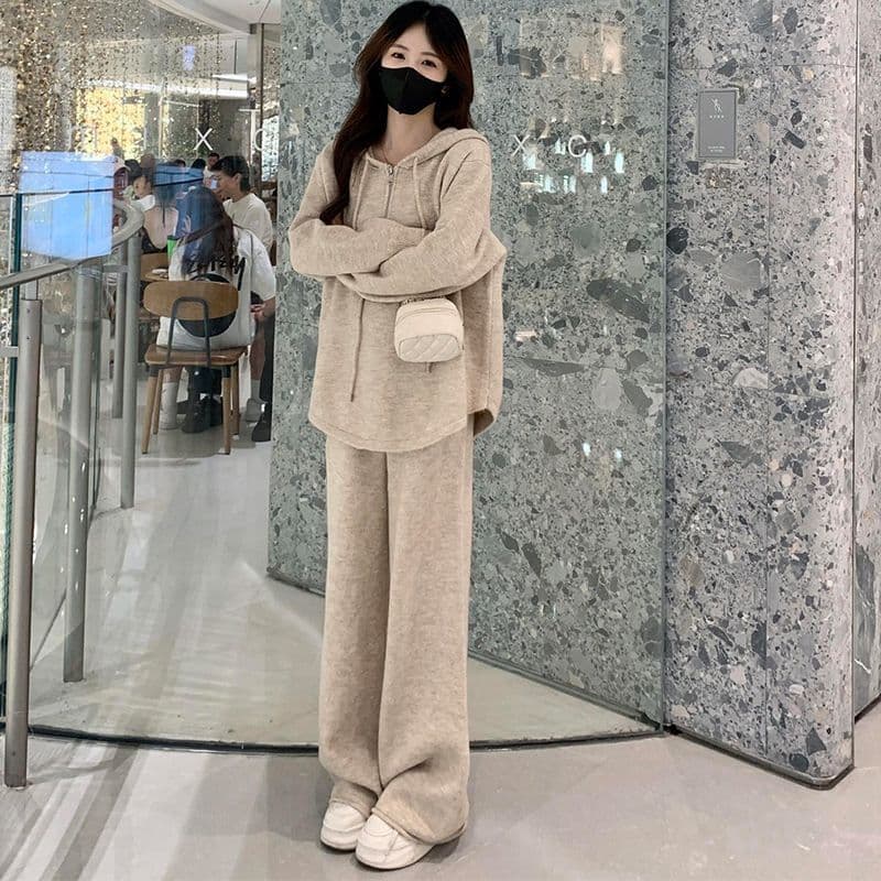 패션 캐주얼 세트 여성 이른 가을 새로운 슬림해 보이는 표지 배 후드 티 스웨터 와이드 레그 팬츠 투피스 세트 트렌디 상세 이미지 4