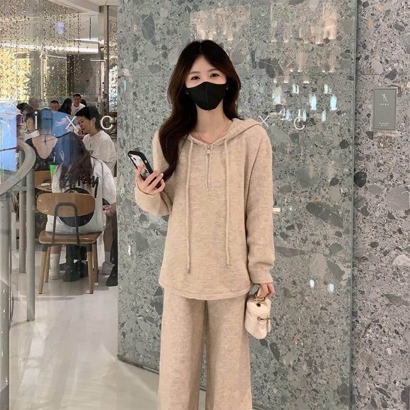 패션 캐주얼 세트 여성 이른 가을 새로운 슬림해 보이는 표지 배 후드 티 스웨터 와이드 레그 팬츠 투피스 세트 트렌디 상세 이미지 7
