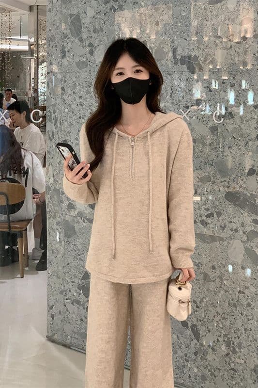 패션 캐주얼 세트 여성 이른 가을 새로운 슬림해 보이는 표지 배 후드 티 스웨터 와이드 레그 팬츠 투피스 세트 트렌디 상세 이미지 9