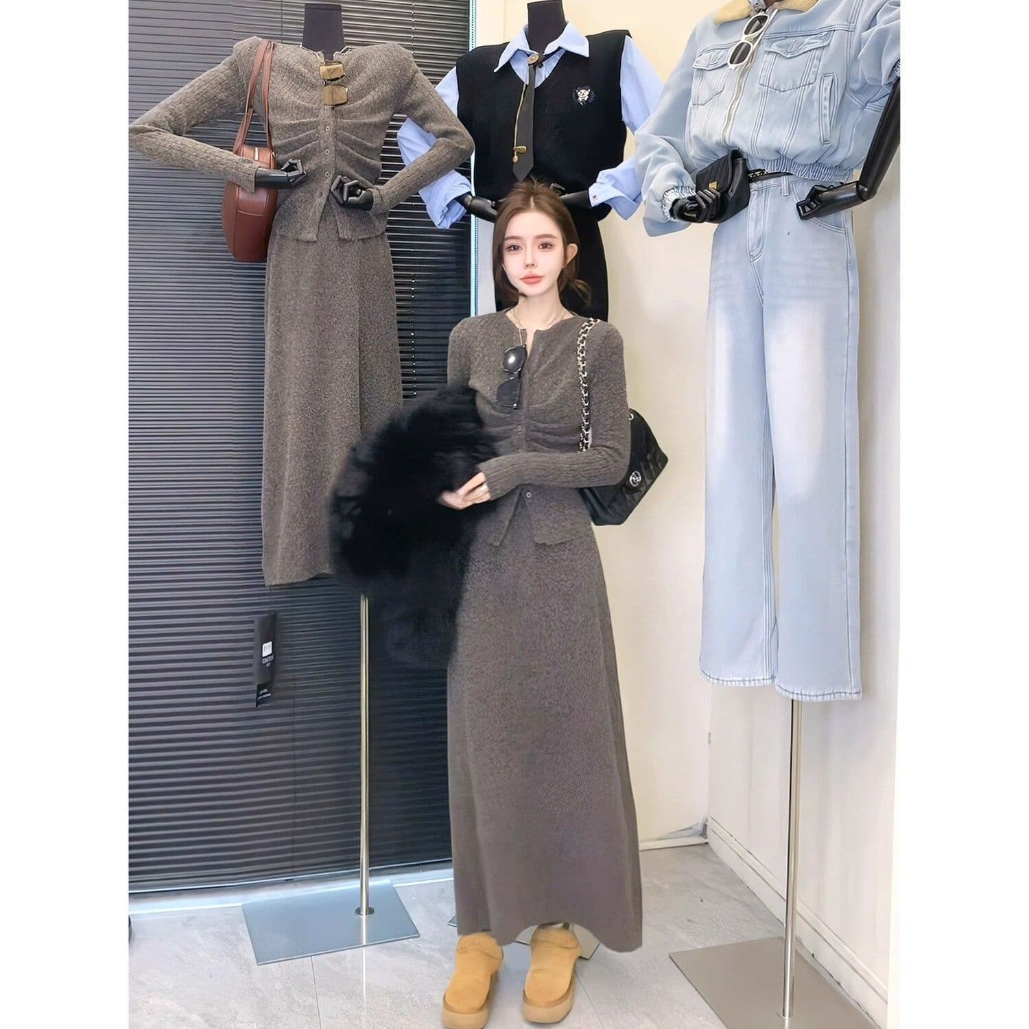 패션 세트 여성 가을 한 부서 주름 허리 수축 몸매 가꾸기 V넥 오픈 가디건 맨위 반신 스커트 투피스 세트 상세 이미지 2