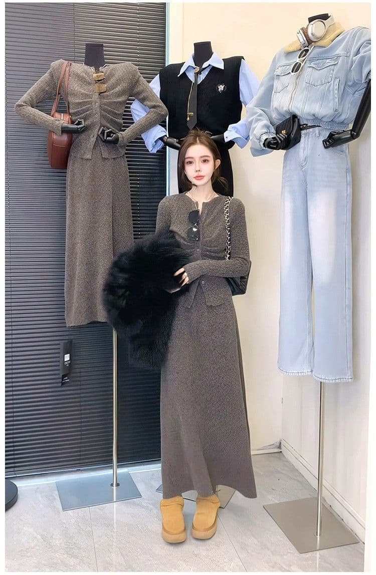 패션 세트 여성 가을 한 부서 주름 허리 수축 몸매 가꾸기 V넥 오픈 가디건 맨위 반신 스커트 투피스 세트 상세 이미지 3